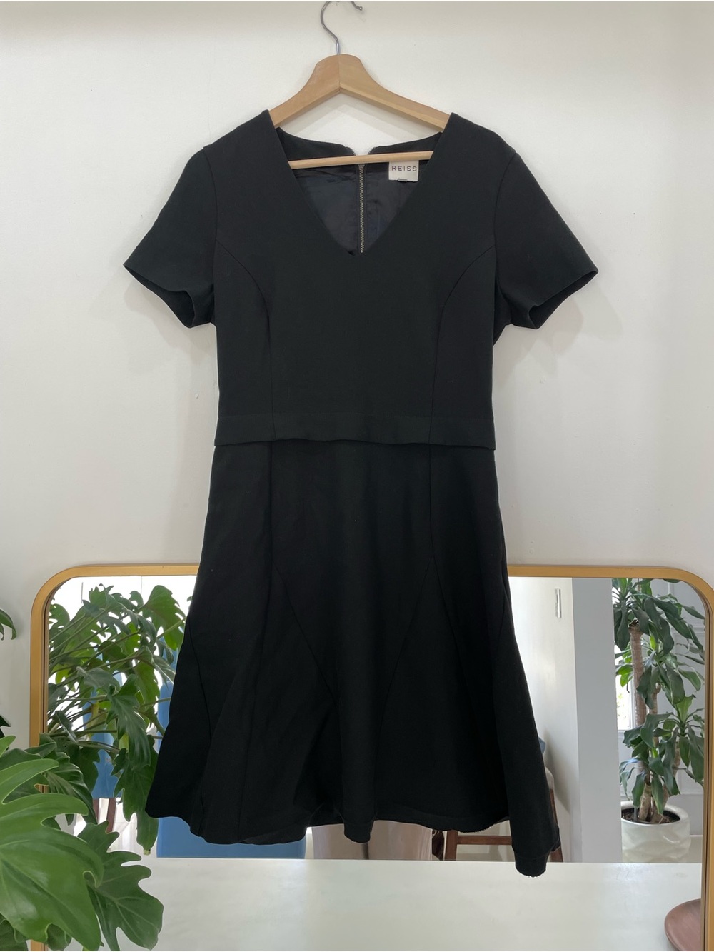Reiss Black V-Neck Short Sleeve Fit-and-Flare Mini Dress